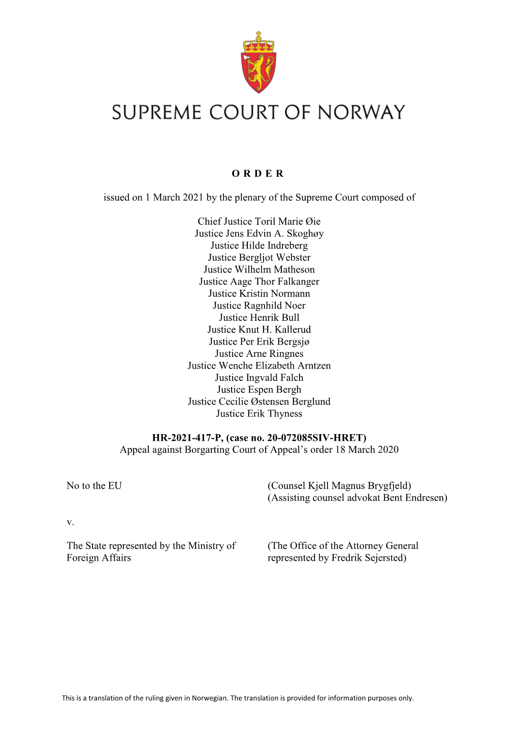 ORDER Issued on 1 March 2021 by the Plenary of the Supreme Court