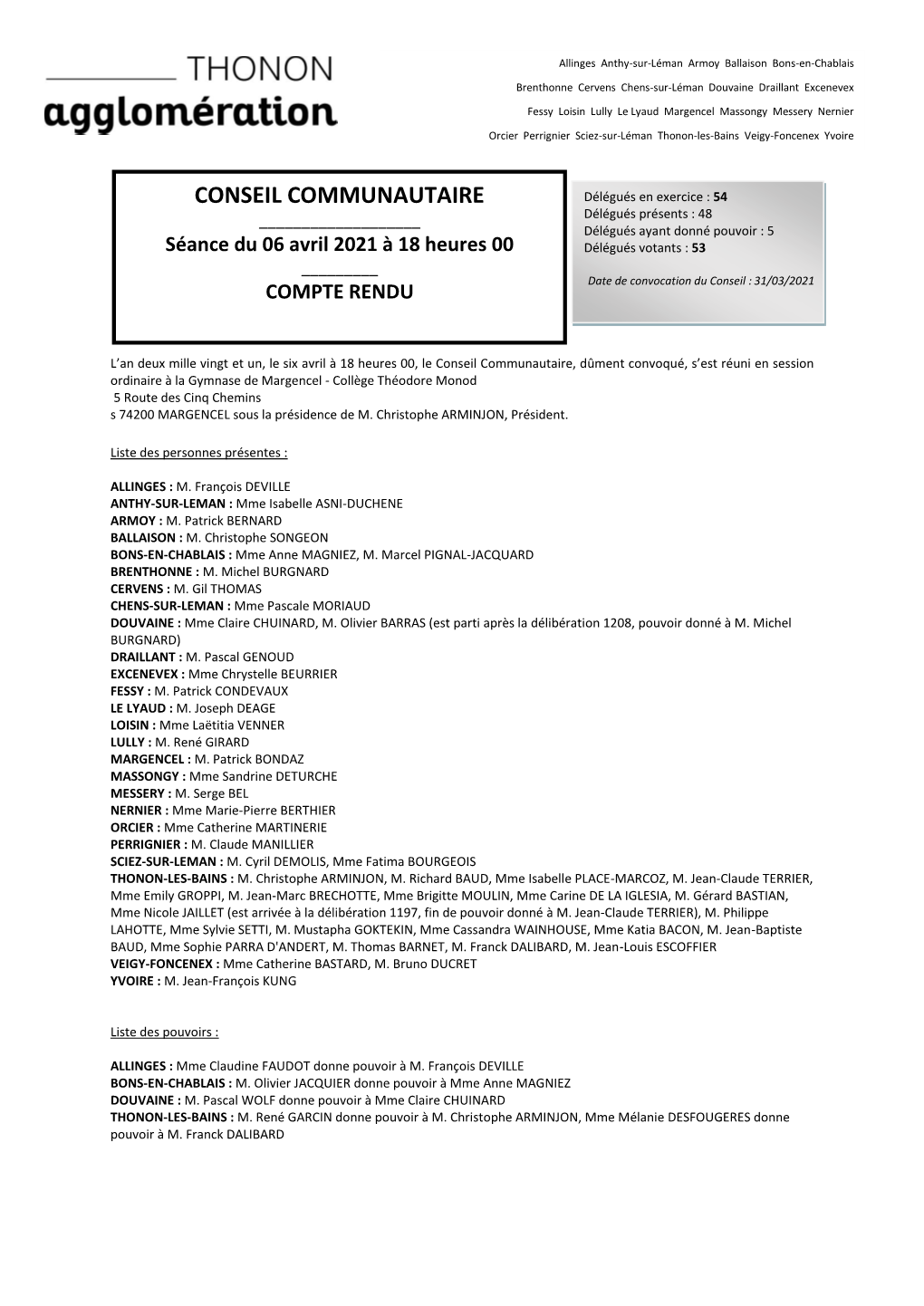 06 Avril 2021 À 18 Heures 00 Délégués Votants : 53 ______Date De Convocation Du Conseil : 31/03/2021 COMPTE RENDU