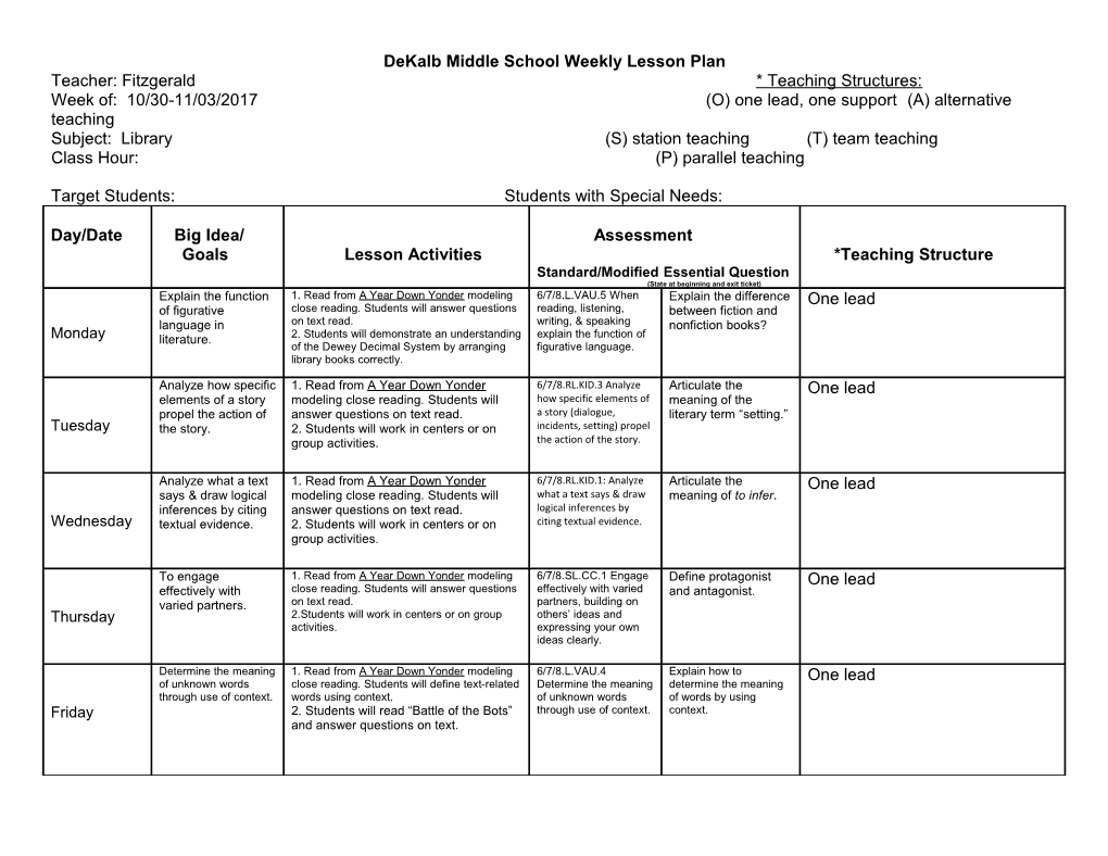 Dekalb Middle School Weekly Lesson Plan s5