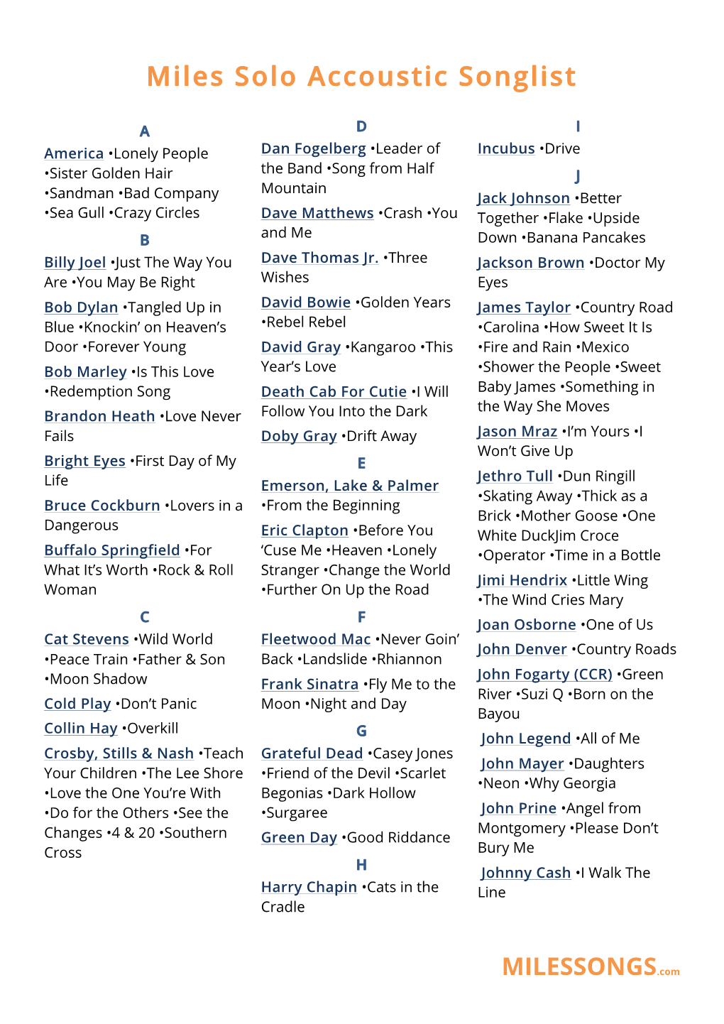 Miles Solo Accoustic Songlist