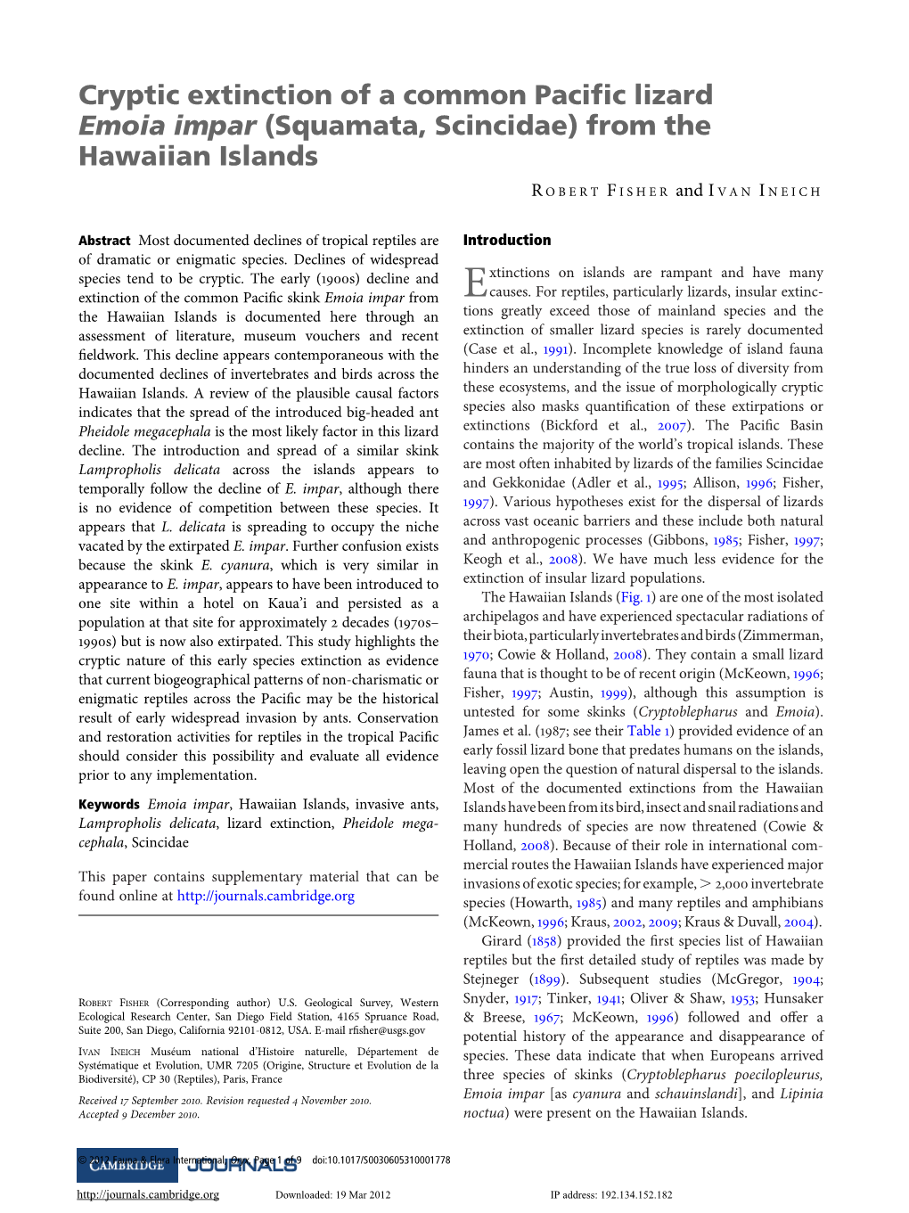 Cryptic Extinction of a Common Pacific Lizard Emoia Impar (Squamata, Scincidae) from the Hawaiian Islands