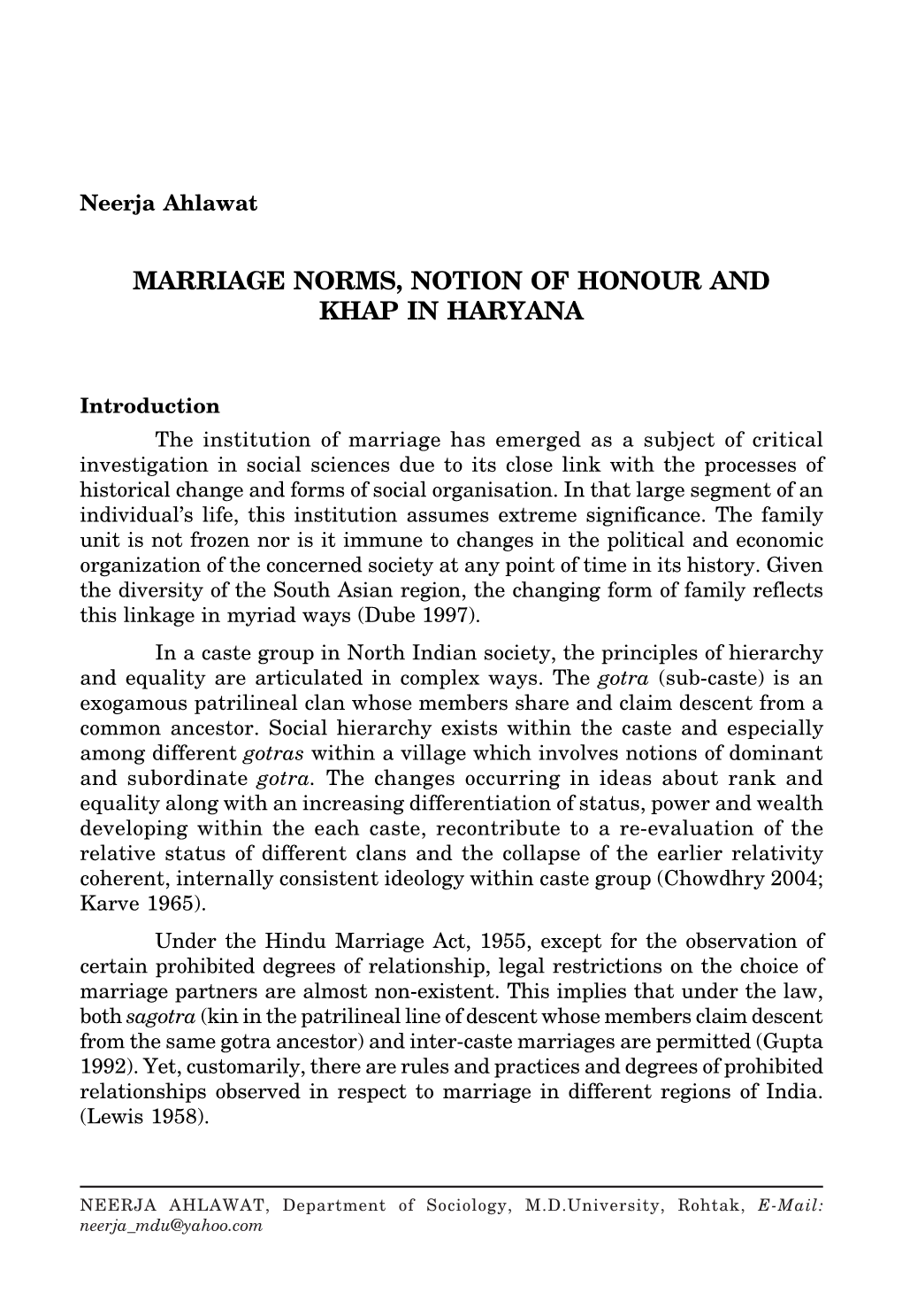 Marriage Norms, Notion of Honour and Khap in Haryana