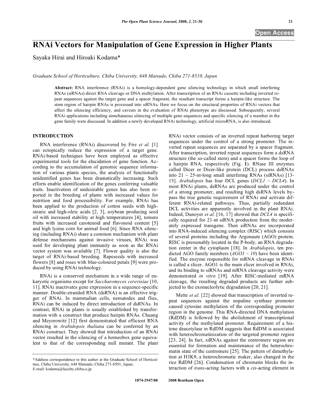 Rnai Vectors for Manipulation of Gene Expression in Higher Plants Sayaka Hirai and Hiroaki Kodama*