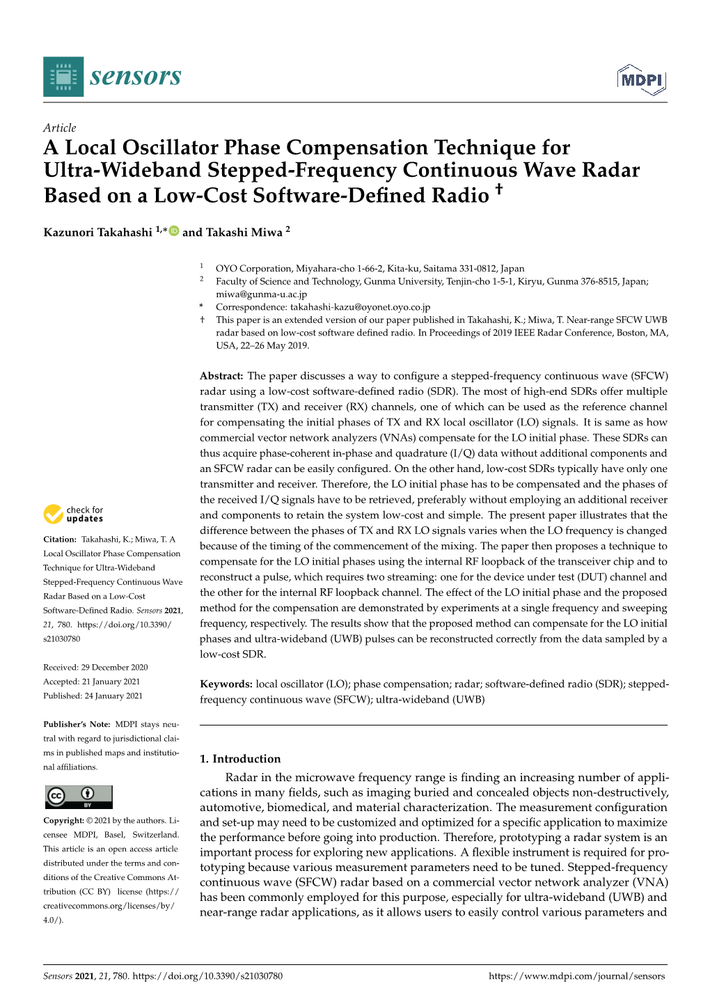 A Local Oscillator Phase Compensation Technique for Ultra-Wideband Stepped-Frequency Continuous Wave Radar Based on a Low-Cost Software-Deﬁned Radio †