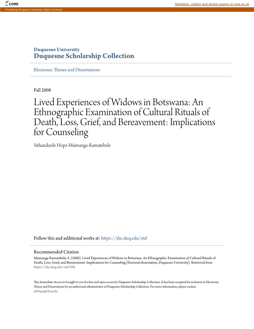Lived Experiences of Widows in Botswana: An
