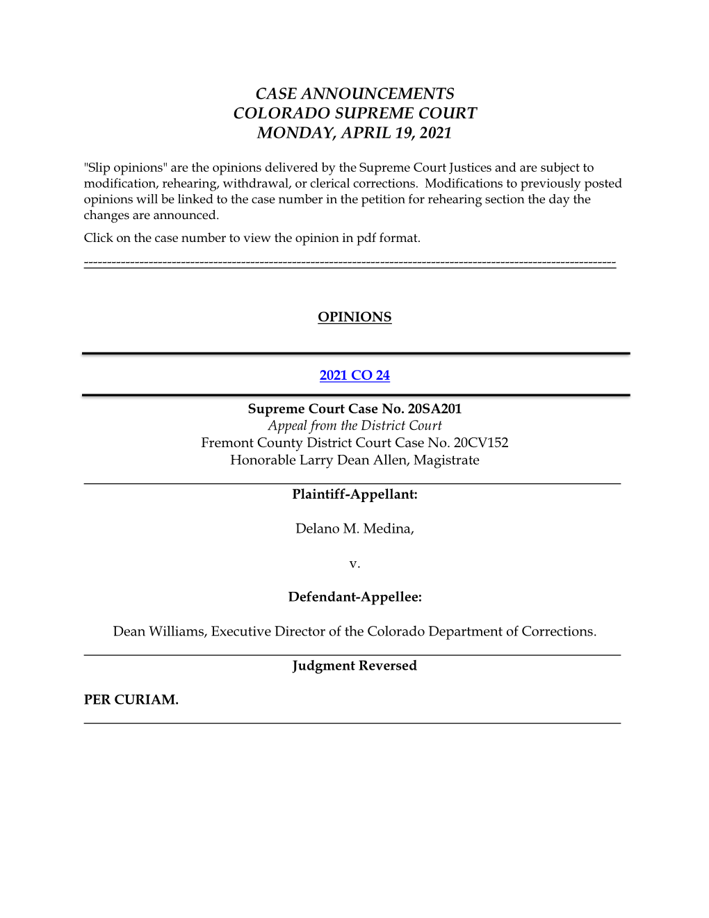 Case Announcements Colorado Supreme Court Monday, April 19, 2021