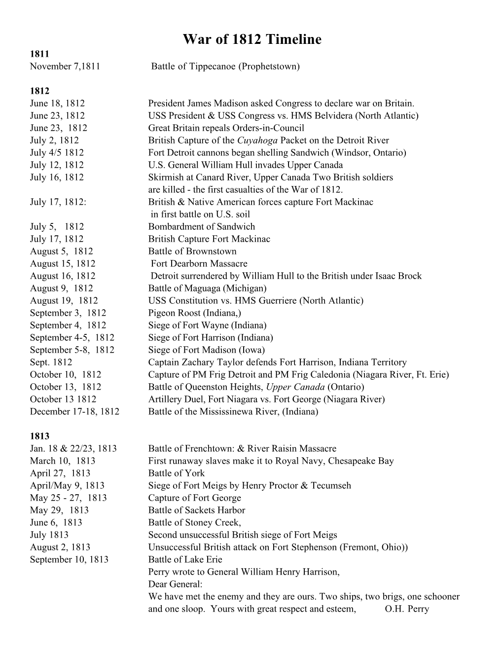 War of 1812 Timeline 1811 November 7,1811 Battle of Tippecanoe (Prophetstown)