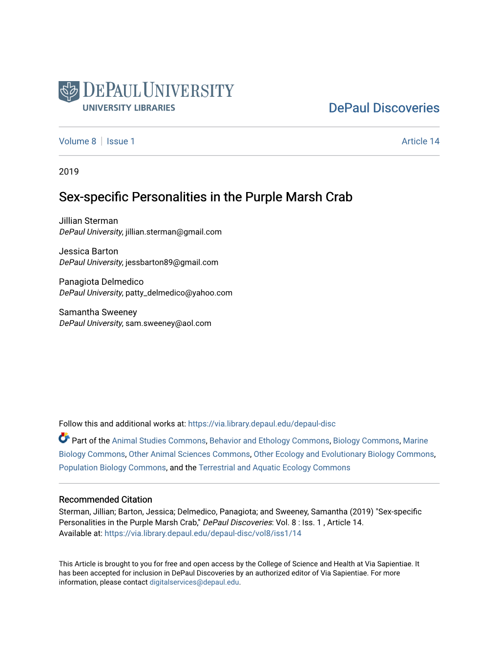 Sex-Specific Personalities in the Purple Marsh Crab,