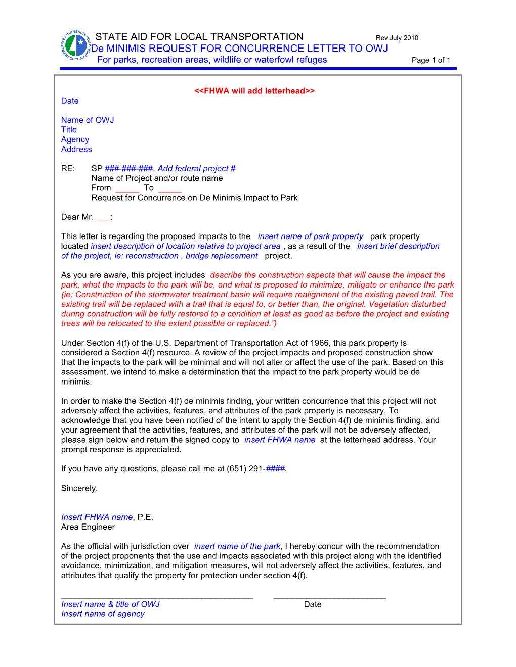 De MINIMIS REQUEST for CONCURRENCE LETTER to OWJ