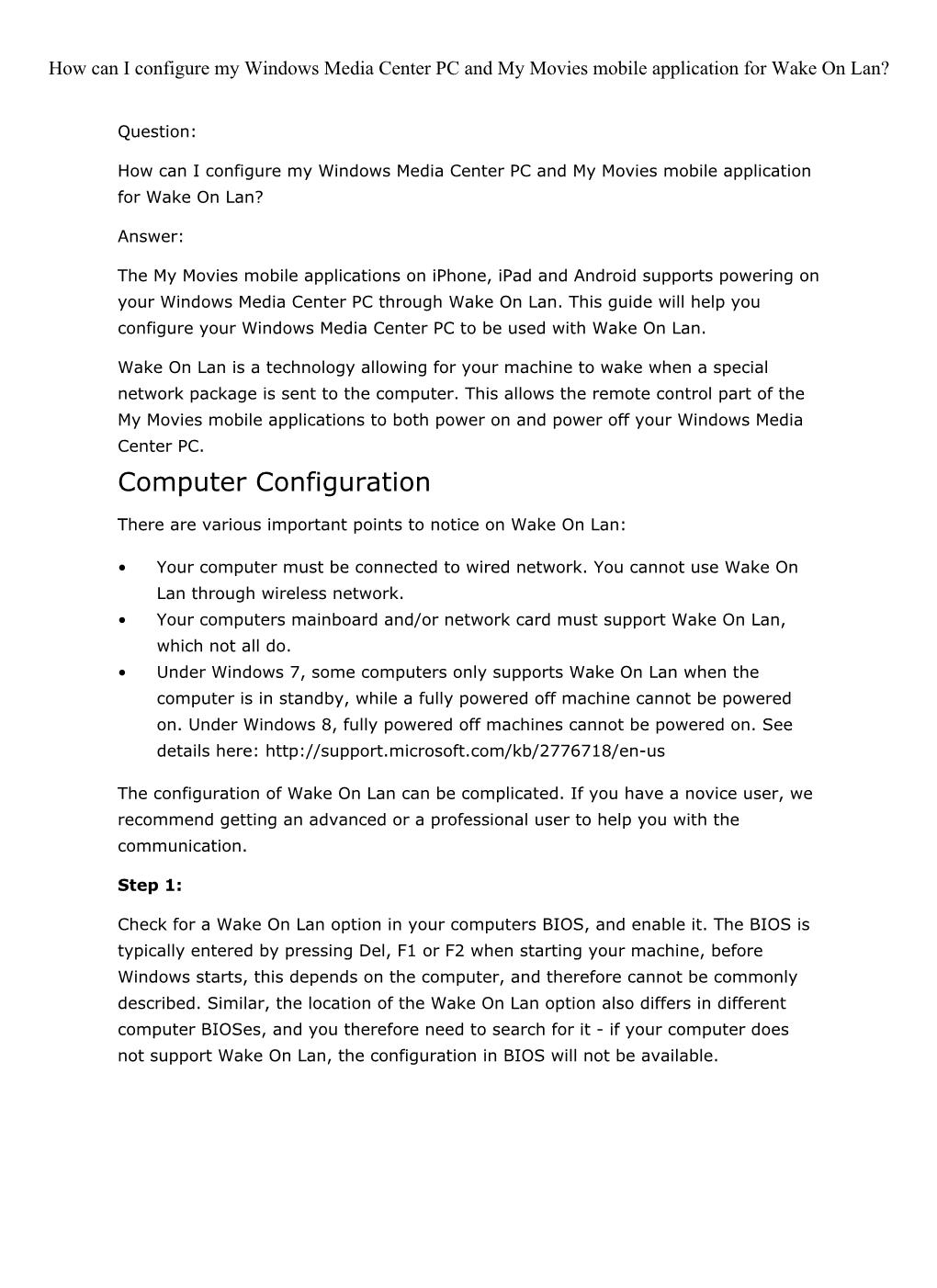 How Can I Configure My Windows Media Center PC and My Movies Mobile Application for Wake on Lan?