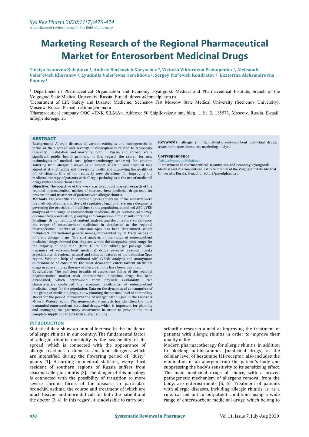 Marketing Research of the Regional Pharmaceutical Market for Enterosorbent Medicinal Drugs