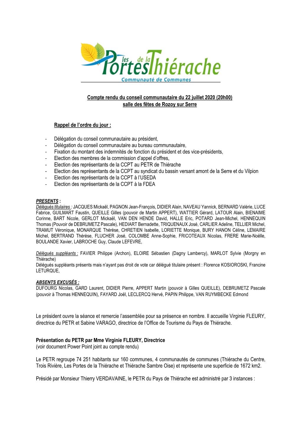 Compte Rendu Du Conseil Communautaire Du 22 Juillet 2020 (20H00) Salle Des Fêtes De Rozoy Sur Serre