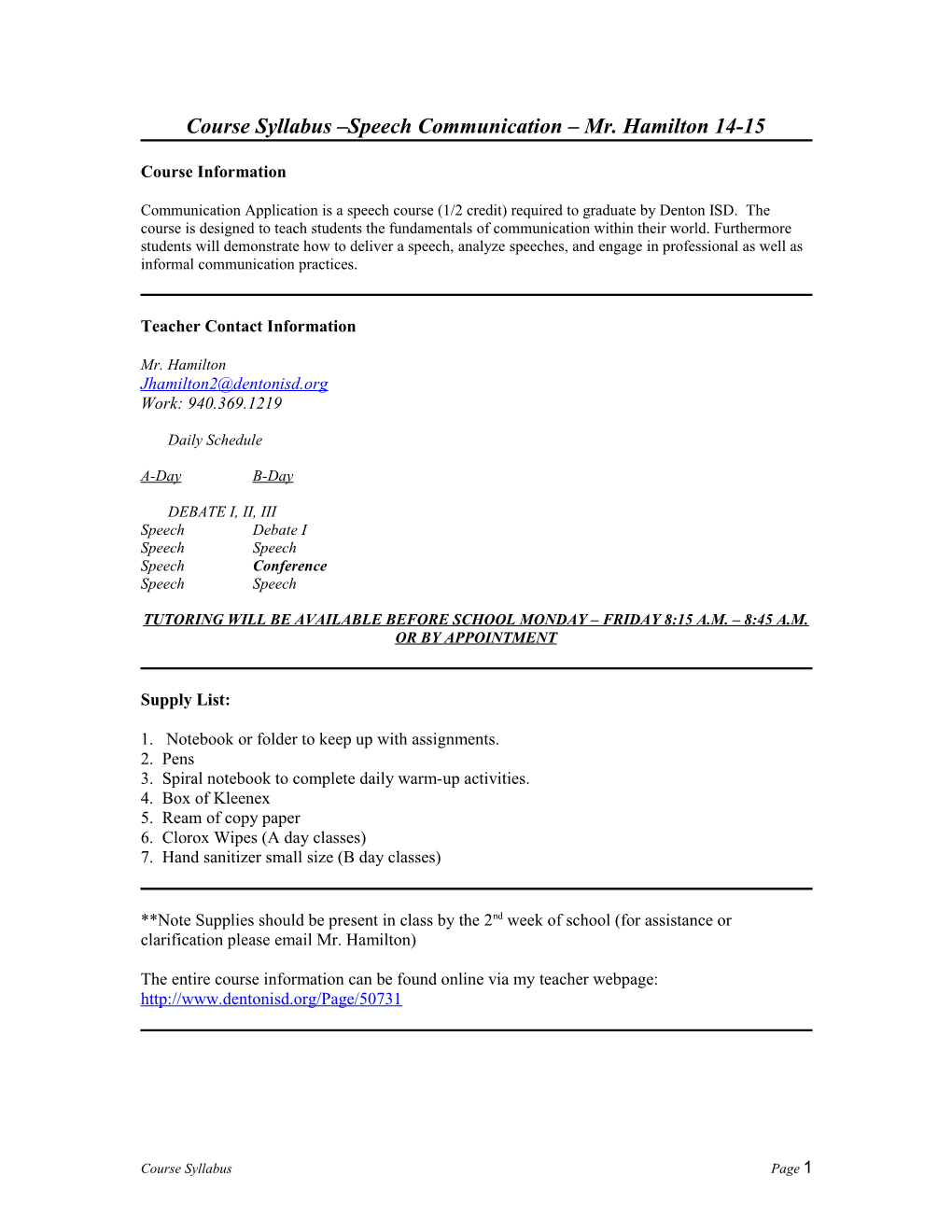 Course Syllabus Speech Communication Mr. Hamilton 14-15