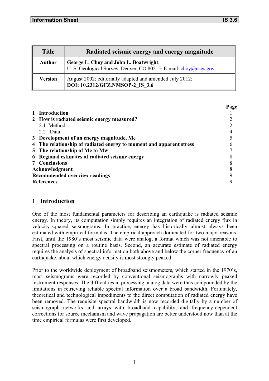 Title Radiated Seismic Energy and Energy Magnitude 1 Introduction