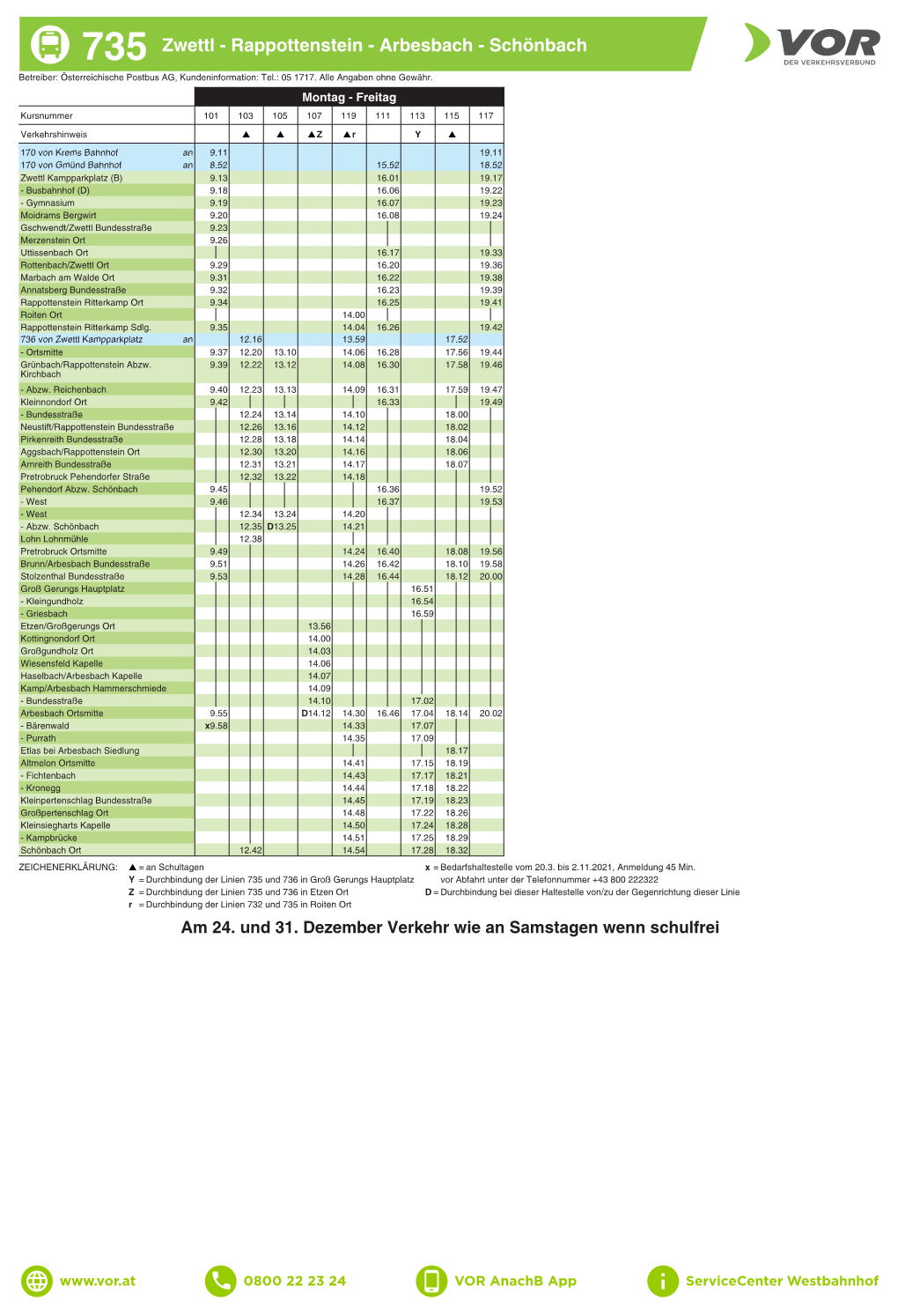 735 Zwettl - Rappottenstein - Arbesbach - Schönbach Betreiber: Österreichische Postbus AG, Kundeninformation: Tel.: 05 1717