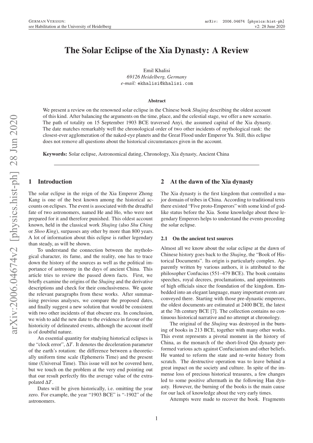 The Solar Eclipse of the Xia Dynasty: a Review