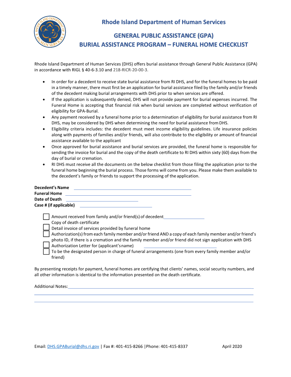 Burial Assistance Program – Funeral Home Checklist