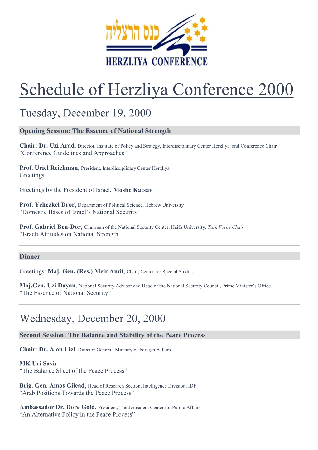 Schedule of Herzliya Conference 2000