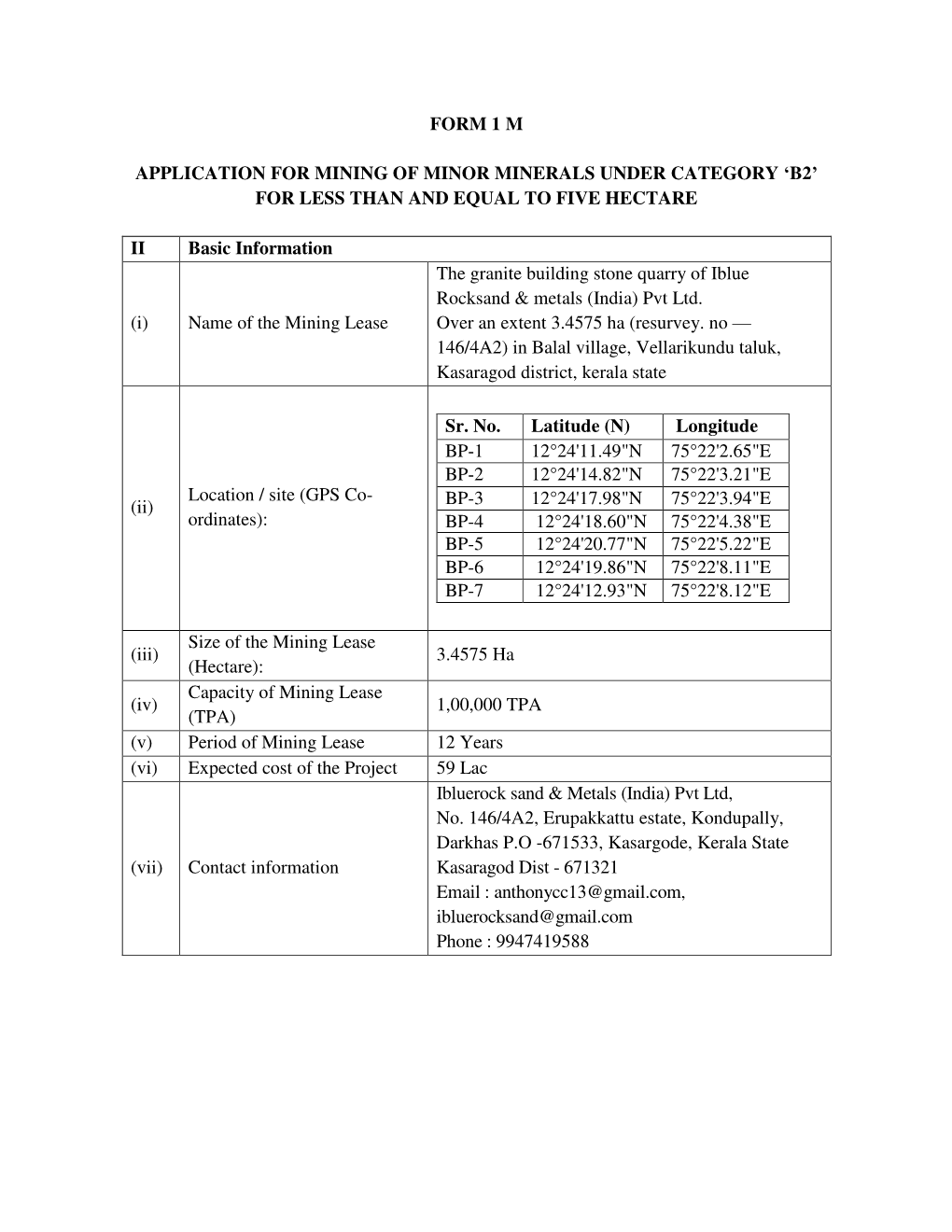 Form 1 M Application for Mining of Minor Minerals