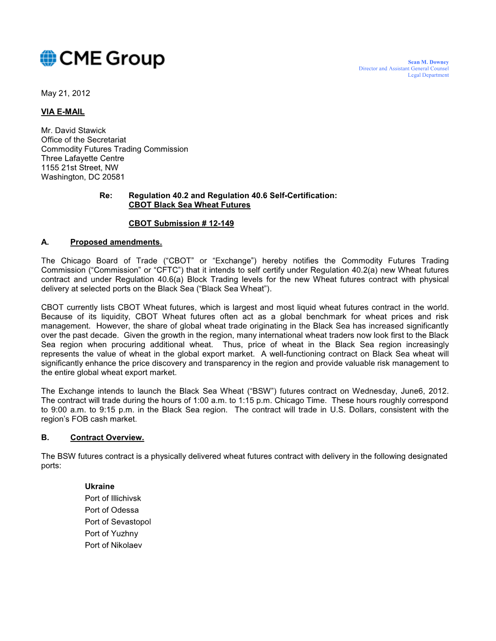Chicago Board of Trade Rule Submission, May 21, 2012