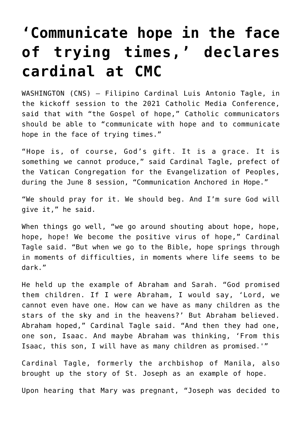 Declares Cardinal at CMC