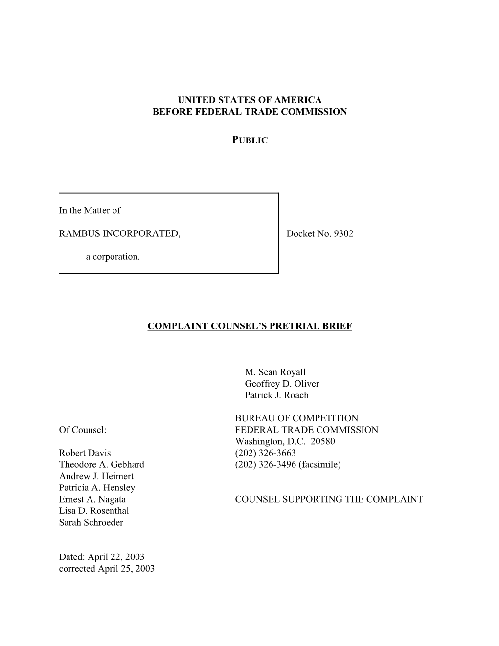 Complaint Counsel's Pretrial Brief