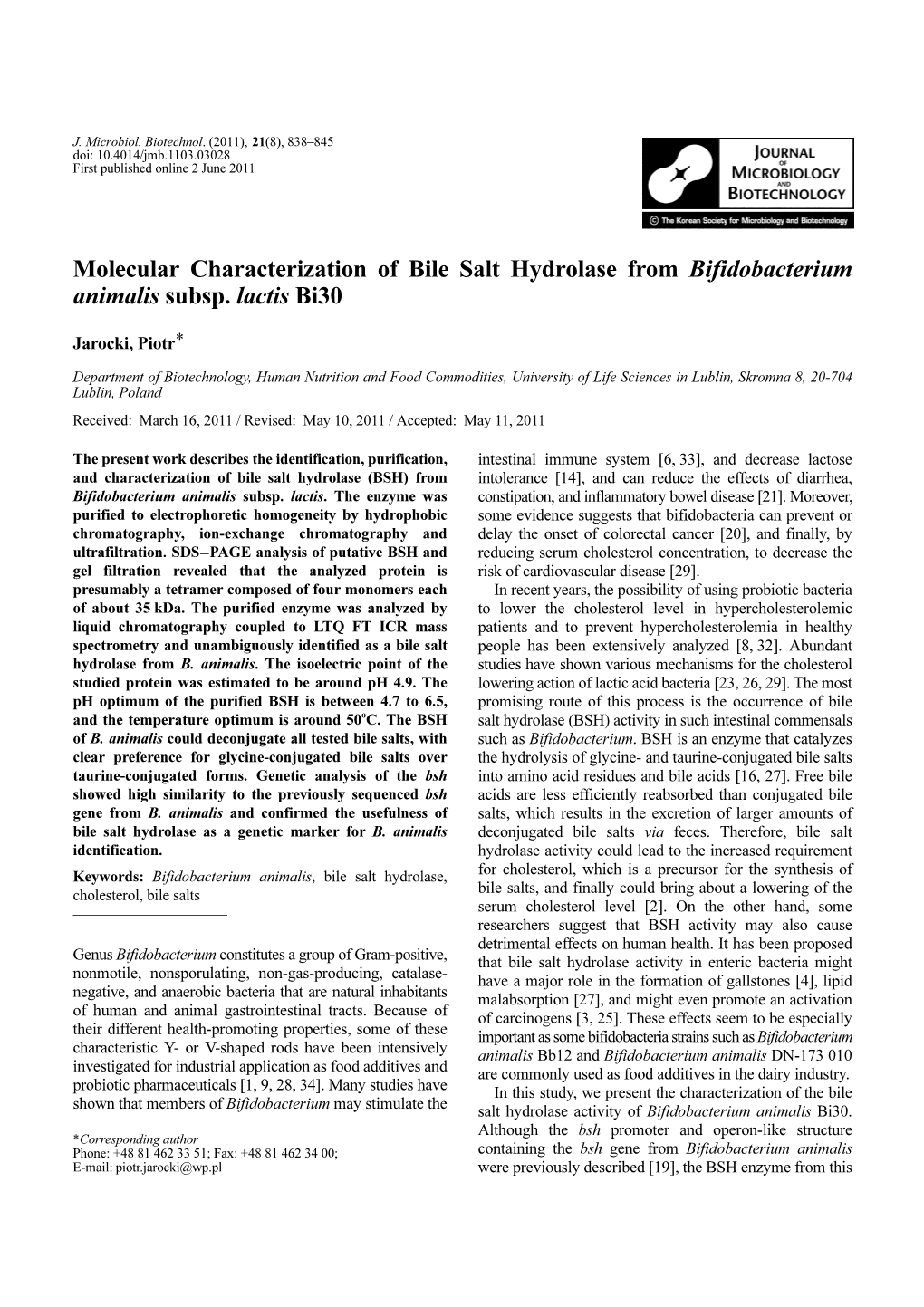 Molecular Characterization of Bile Salt Hydrolase from Bifidobacterium Animalis Subsp