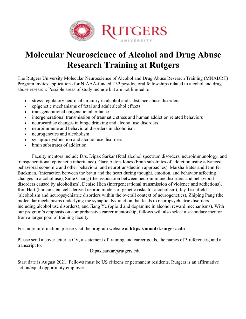 Molecular Neuroscience of Alcohol and Drug Abuse Research Training at Rutgers