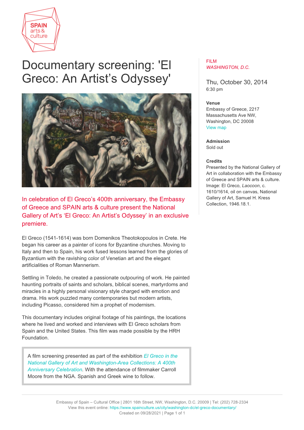 Documentary Screening: 'El Greco: an Artist's Odyssey'