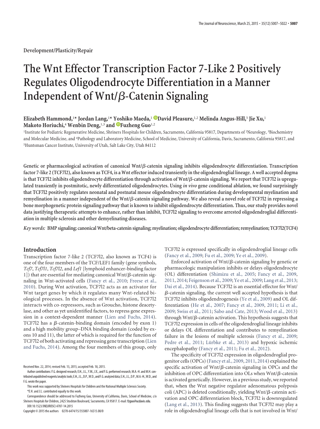 The Wnt Effector Transcription Factor 7-Like 2 Positively Regulates Oligodendrocyte Differentiation in a Manner Independent of Wnt/␤-Catenin Signaling