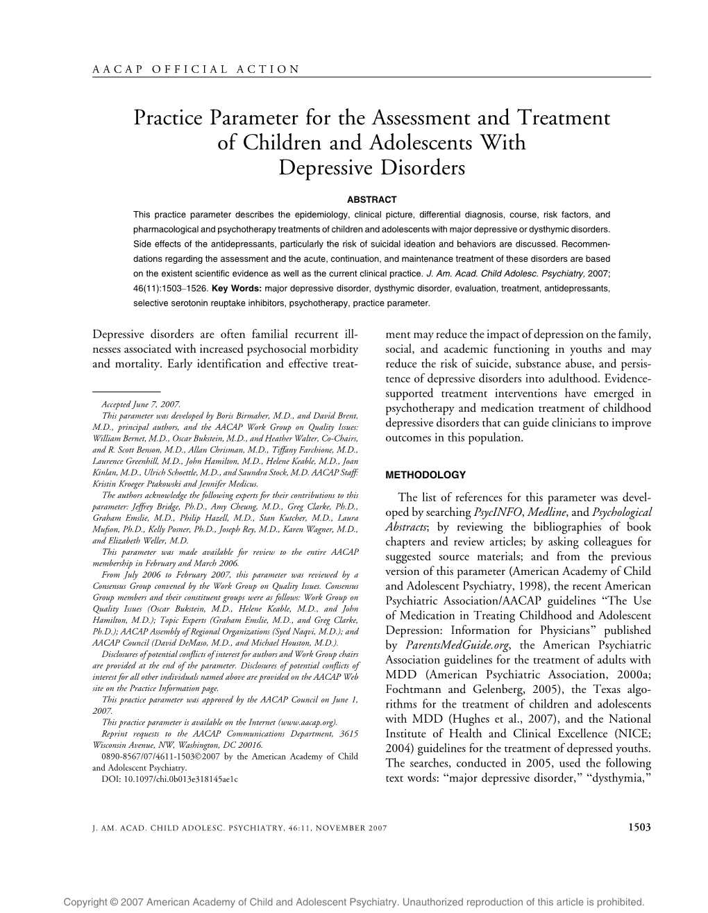 Practice Parameter for the Assessment and Treatment of Children and Adolescents with Depressive Disorders