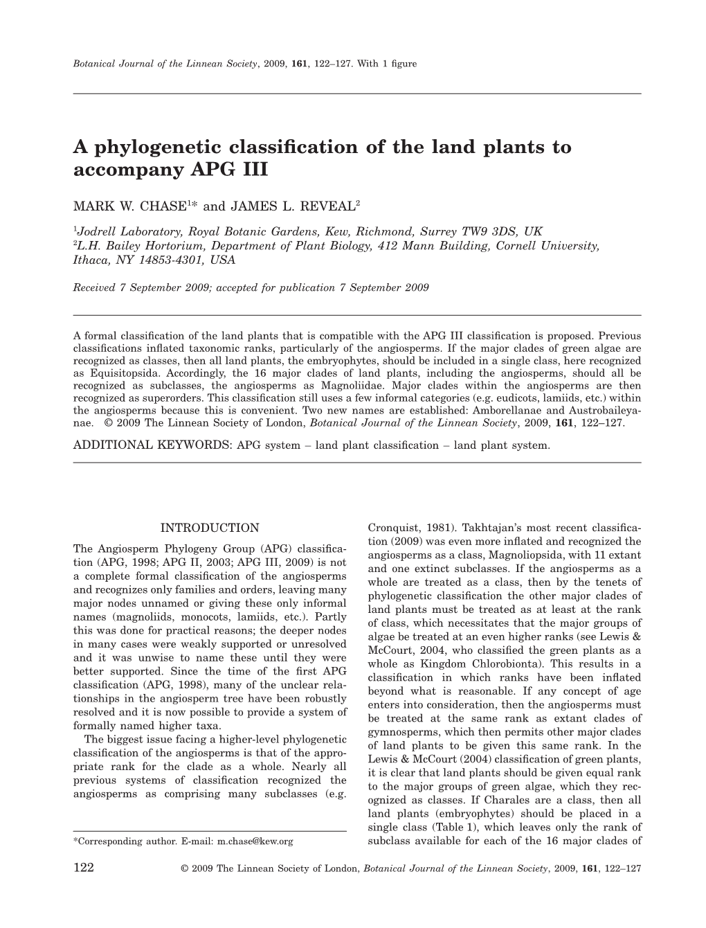 A Phylogenetic Classification of the Land Plants to Accompany APG