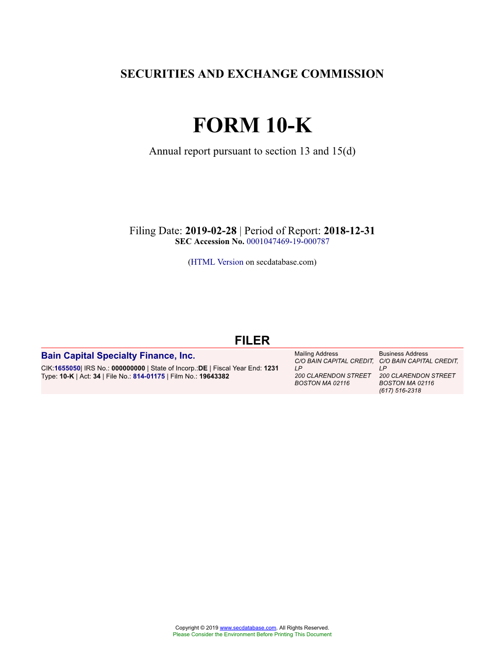 Bain Capital Specialty Finance, Inc. Form 10-K Annual Report Filed 2019-02-28