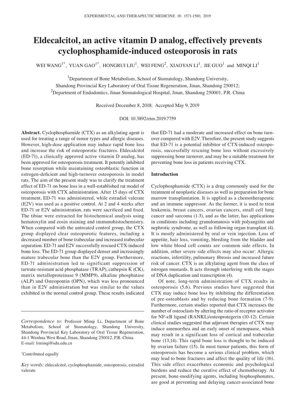 Eldecalcitol, an Active Vitamin D Analog, Effectively Prevents Cyclophosphamide‑Induced Osteoporosis in Rats