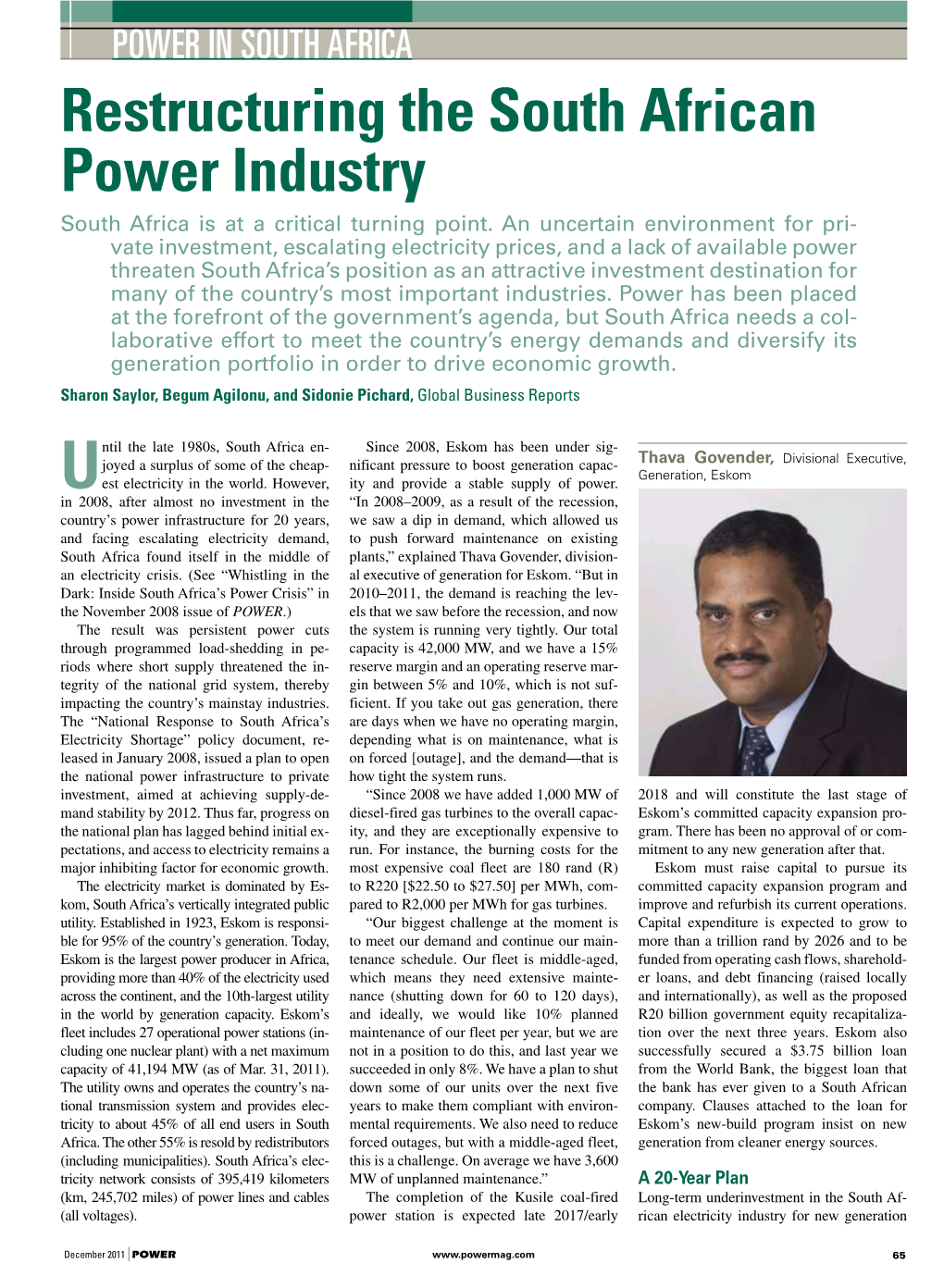 Restructuring the South African Power Industry South Africa Is at a Critical Turning Point