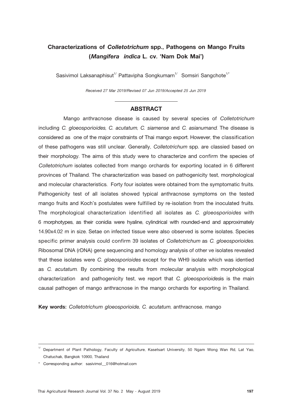 Characterizations of Colletotrichum Spp., Pathogens on Mango Fruits (Mangifera Indica L