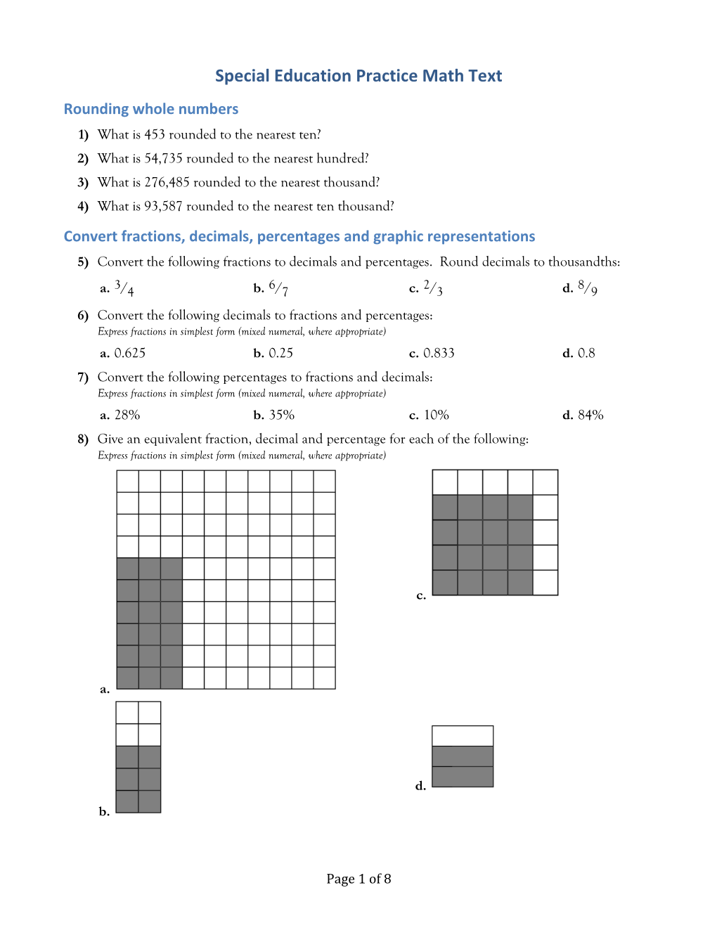 Special Education Practice Math Text