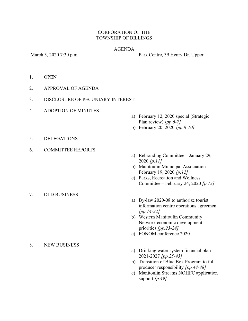 CORPORATION of the TOWNSHIP of BILLINGS AGENDA March 3