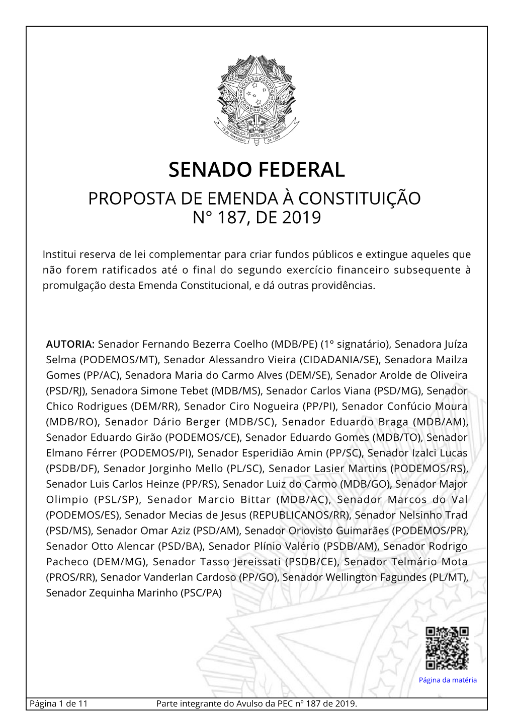 Senado Federal Proposta De Emenda À Constituição N° 187, De 2019