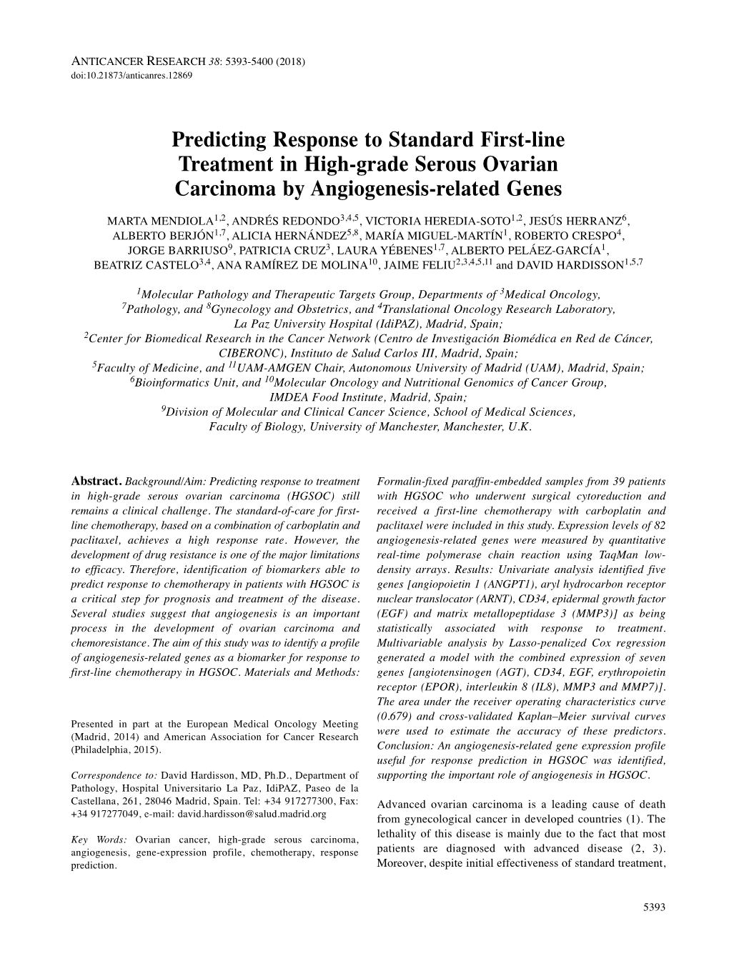 Predicting Response to Standard First-Line Treatment in High-Grade