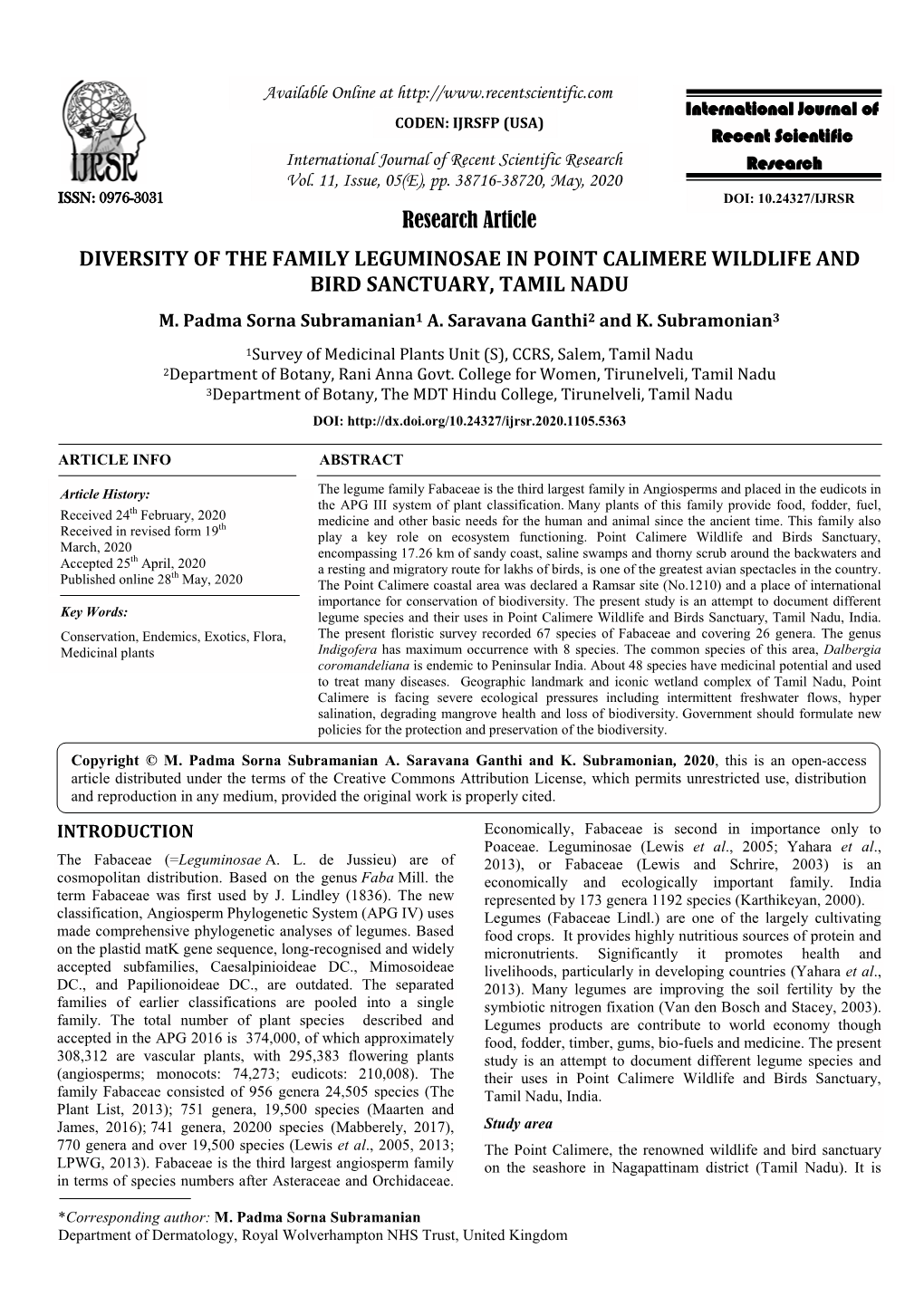 Research Article DIVERSITY of the FAMILY LEGUMINOSAE in POINT