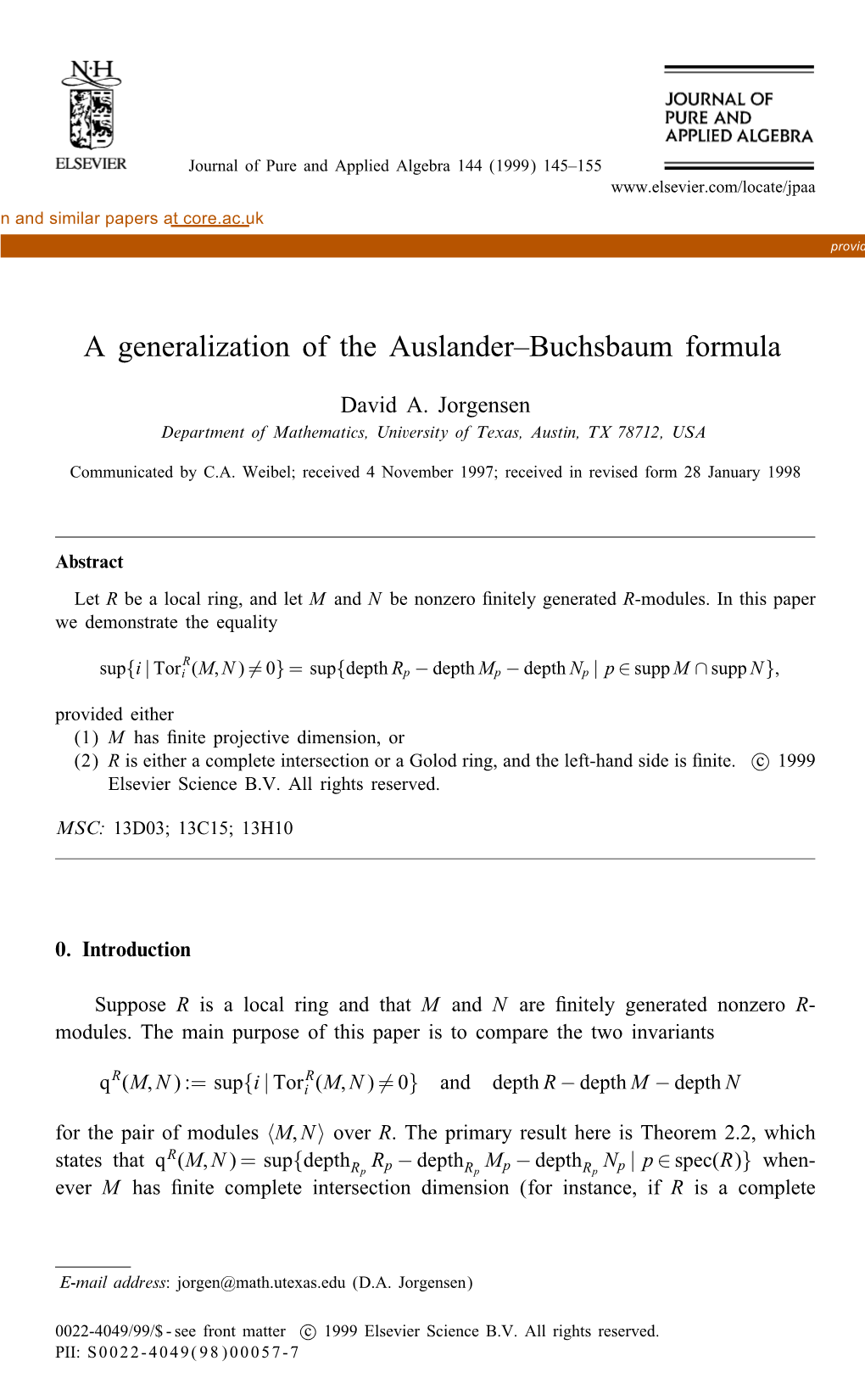 A Generalization of the Auslander–Buchsbaum Formula