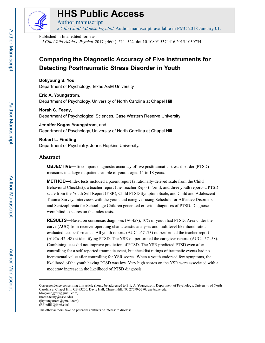 Comparing the Diagnostic Accuracy of Five Instruments for Detecting Posttraumatic Stress Disorder in Youth