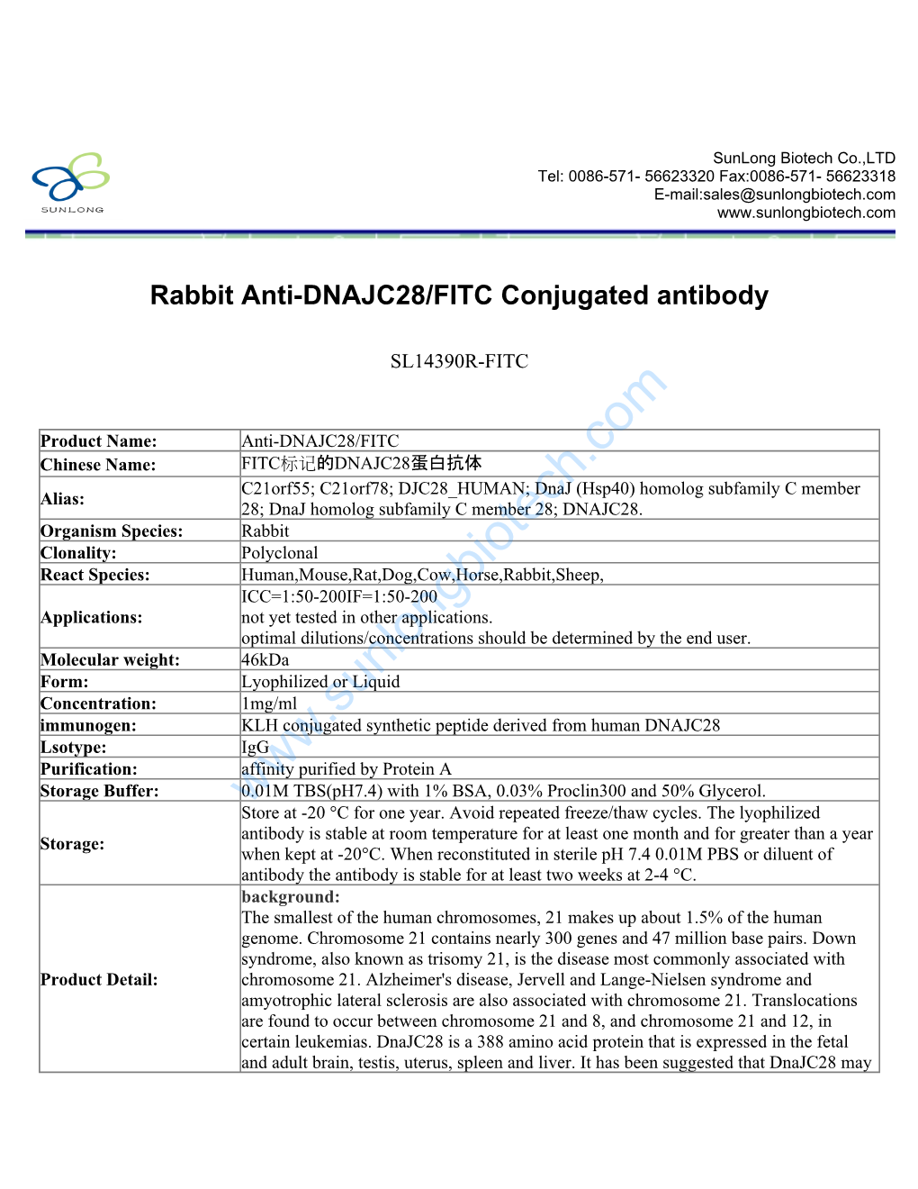 Rabbit Anti-DNAJC28/FITC Conjugated Antibody-SL14390R