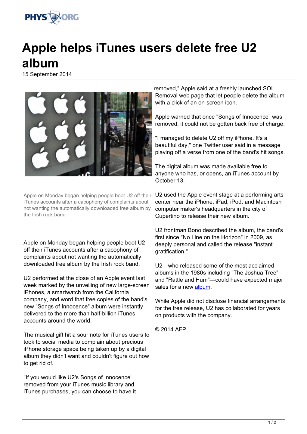 Apple Helps Itunes Users Delete Free U2 Album 15 September 2014