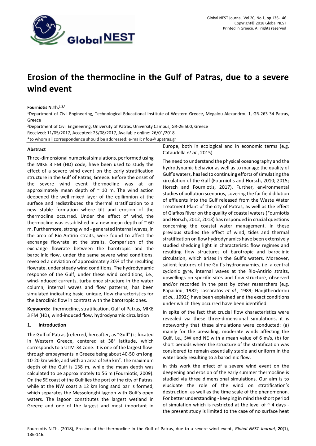 Erosion of the Thermocline in the Gulf of Patras, Due to a Severe Wind Event