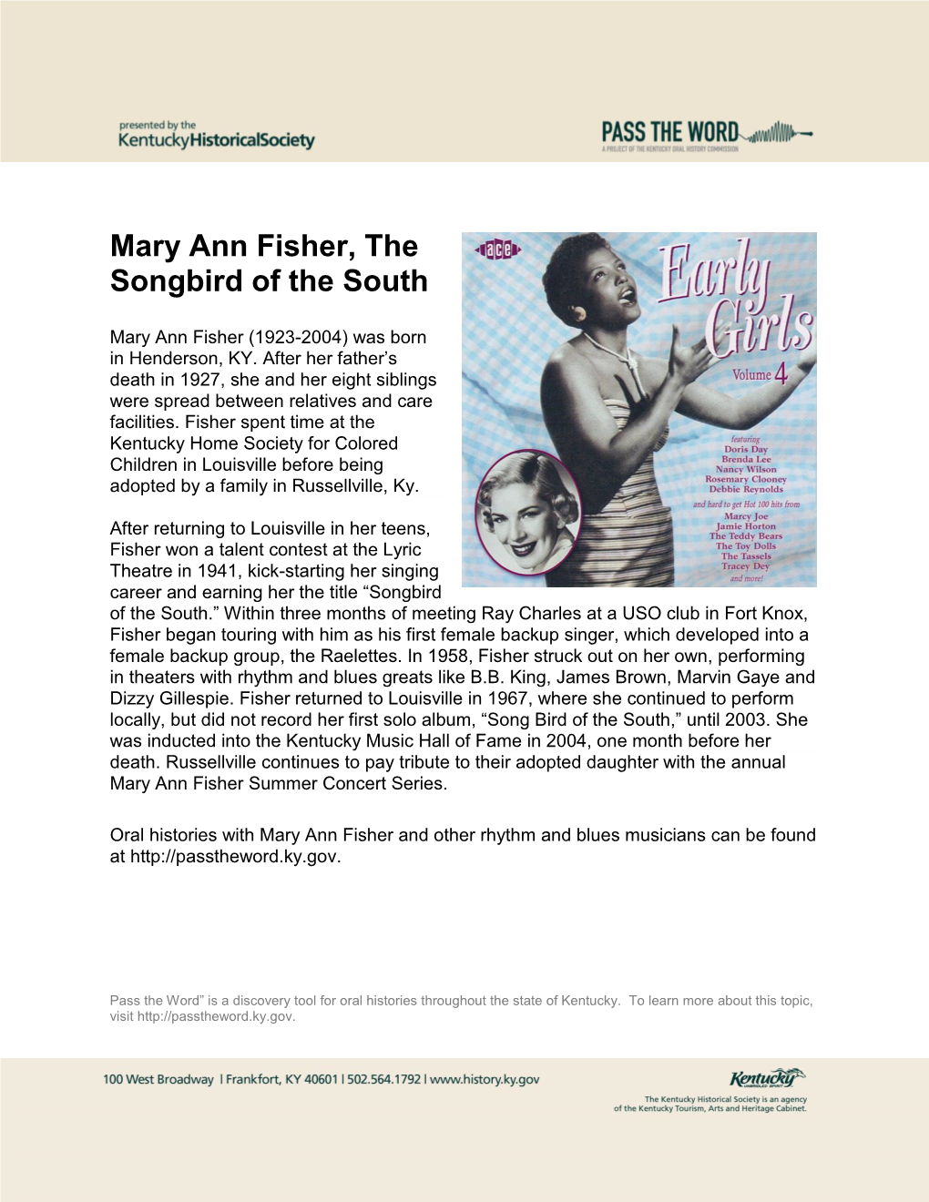 Mary Ann Fisher, the Songbird of the South