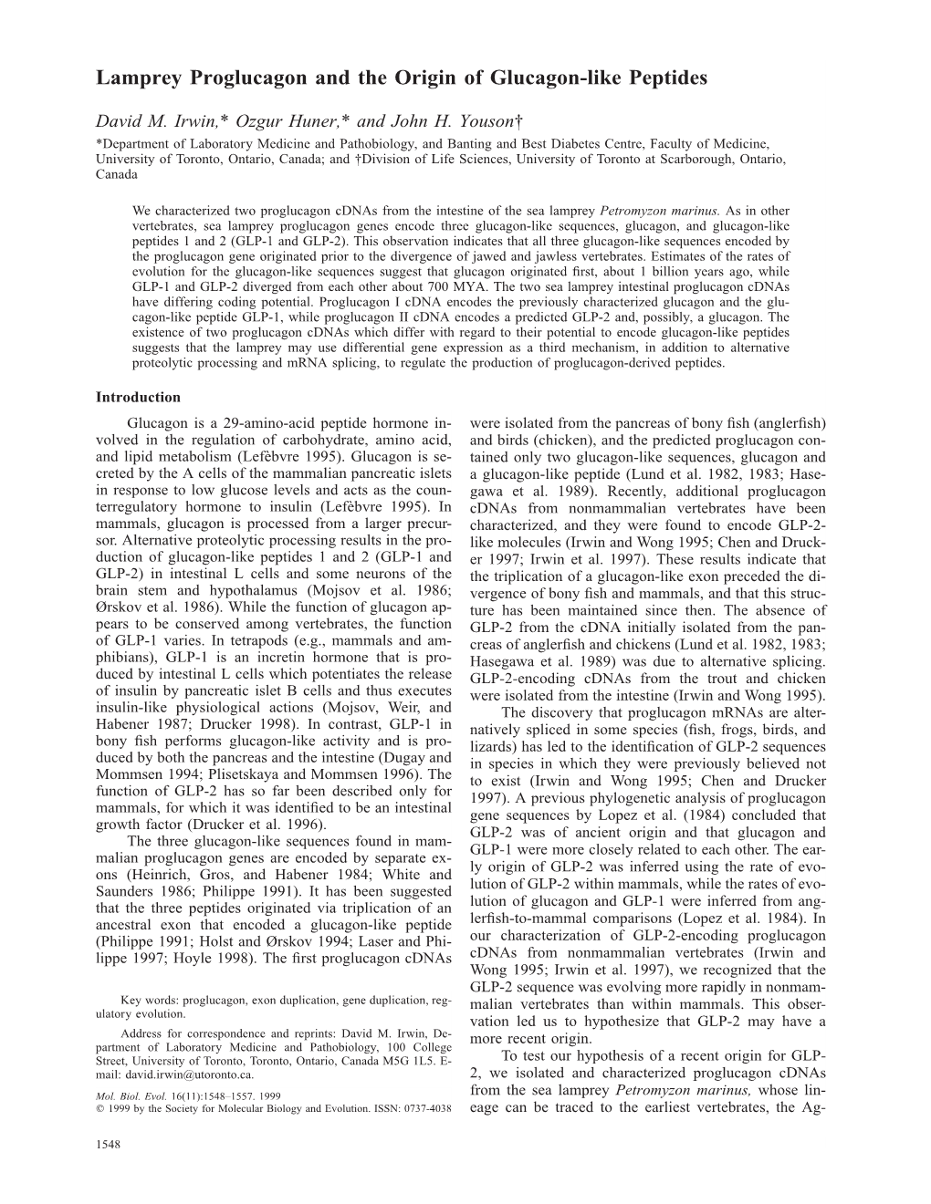 Lamprey Proglucagon and the Origin of Glucagon-Like Peptides