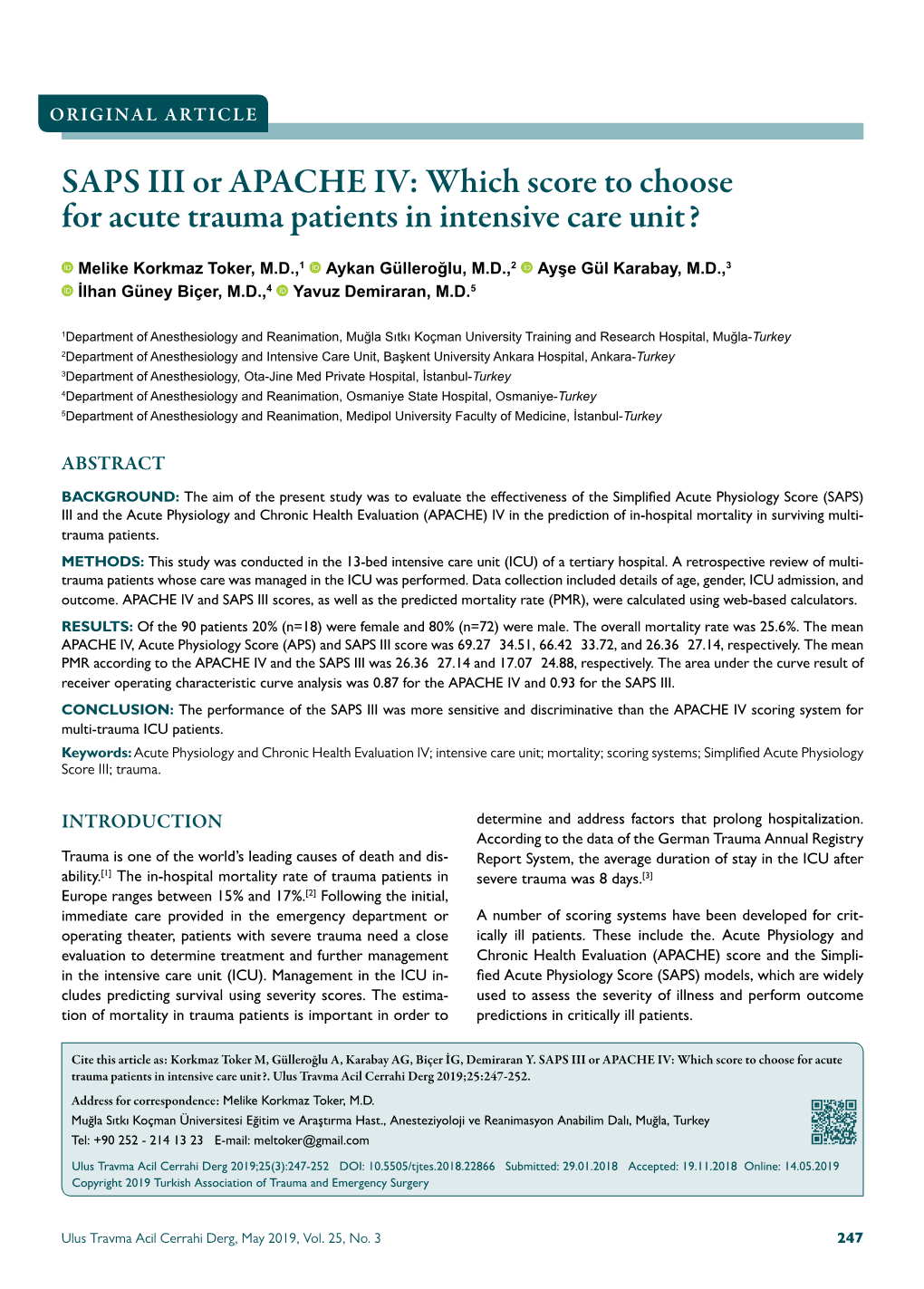 SAPS III Or APACHE IV: Which Score to Choose for Acute Trauma Patients in Intensive Care Unit?