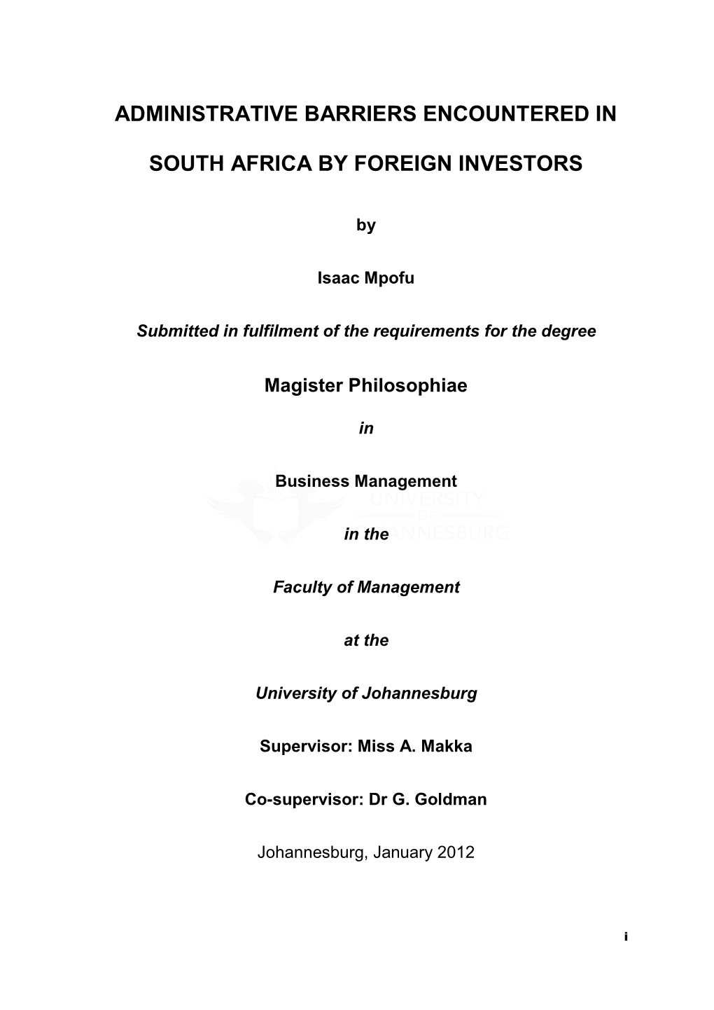 Administrative Barriers Encountered in South Africa by Foreign Investors